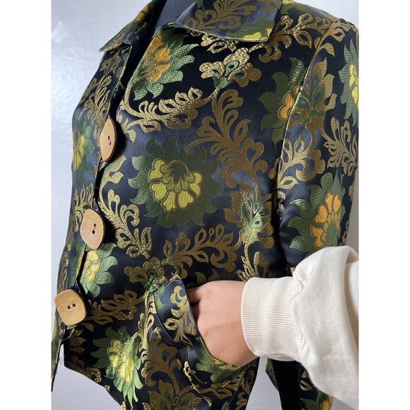 VTG Caroline Rose Women's Gold Floral Silk Abstract Artsy Lux Blazer Black M - Picture 7 of 14